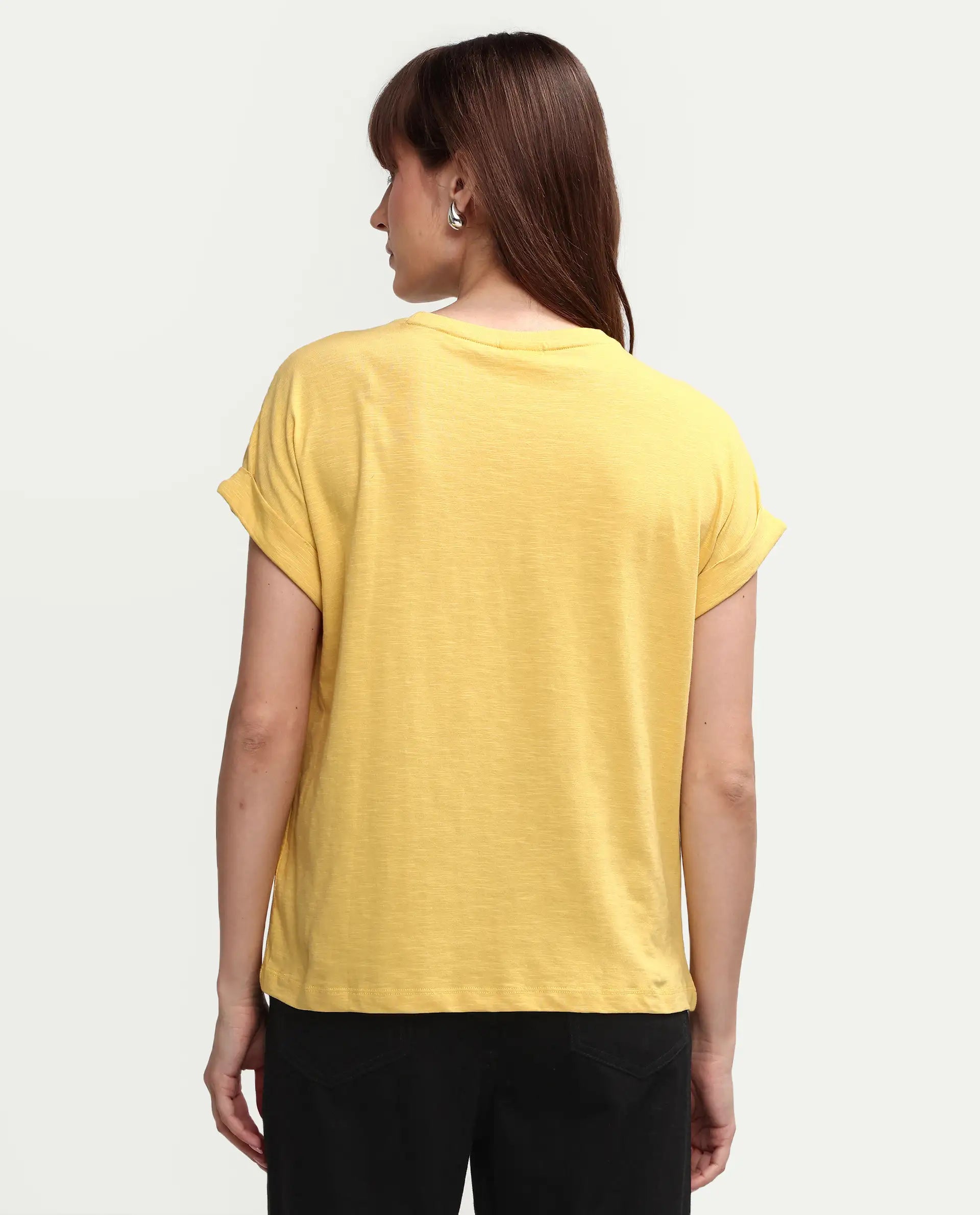 Rareism Women's Janinen Mustard Cotton Blend Round Neck Plain Extended Sleeves Regular Fit T-Shirt