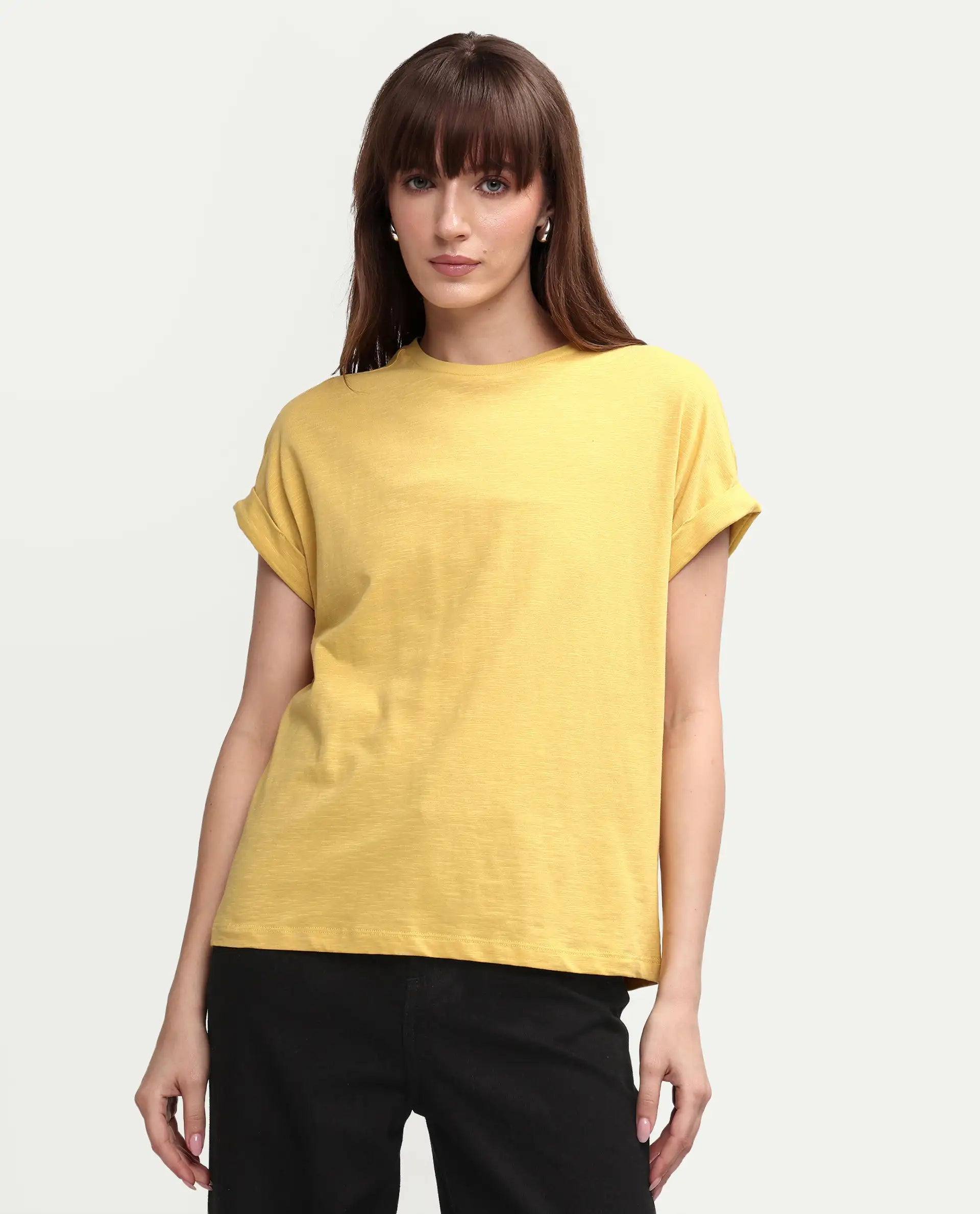 Rareism Women's Janinen Mustard Cotton Blend Round Neck Plain Extended Sleeves Regular Fit T-Shirt