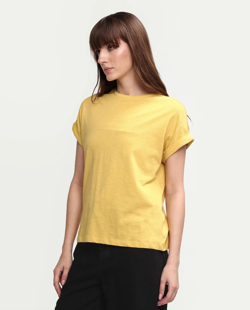 Rareism Women's Janinen Mustard Cotton Blend Round Neck Plain Extended Sleeves Regular Fit T-Shirt