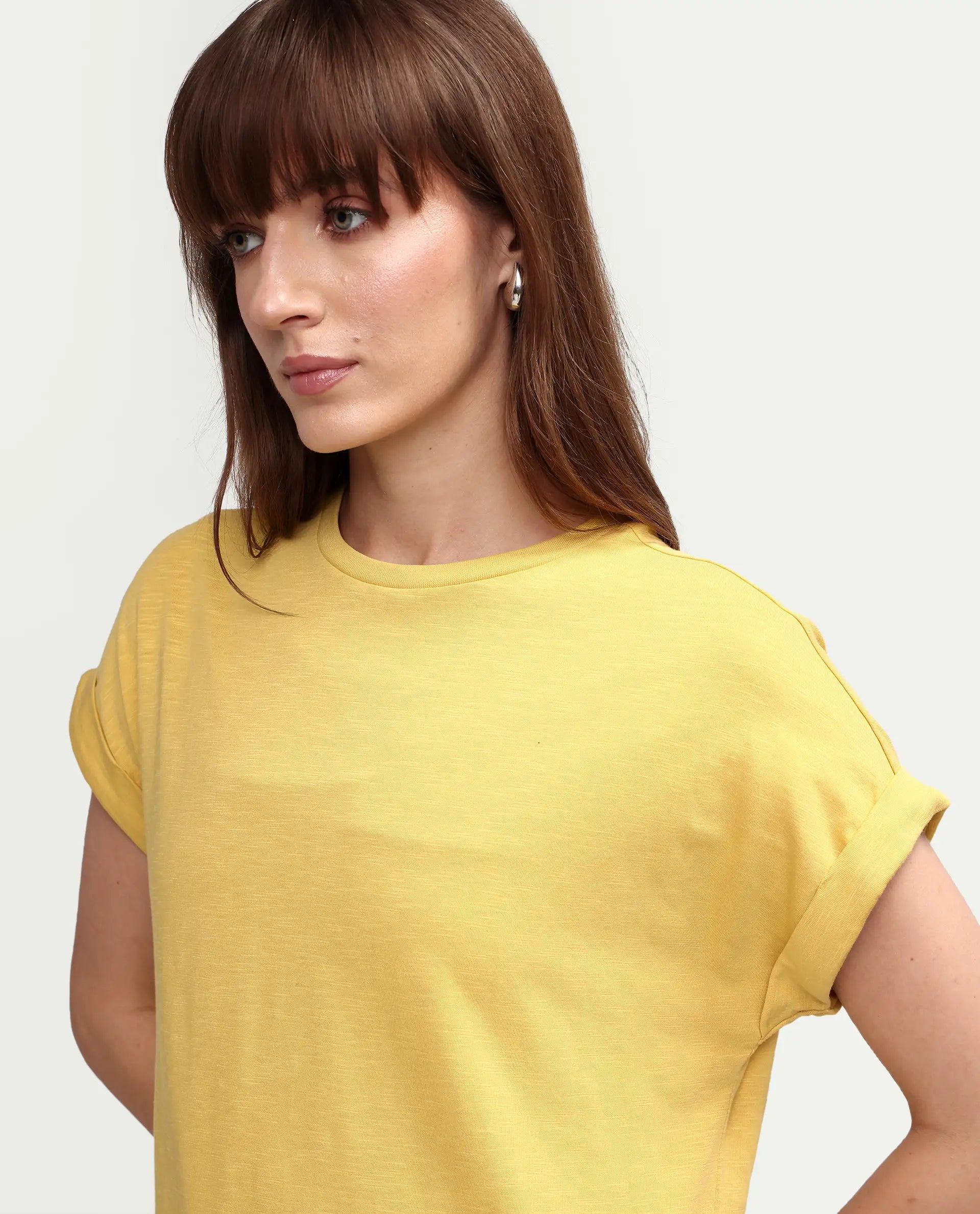 Rareism Women's Janinen Mustard Cotton Blend Round Neck Plain Extended Sleeves Regular Fit T-Shirt