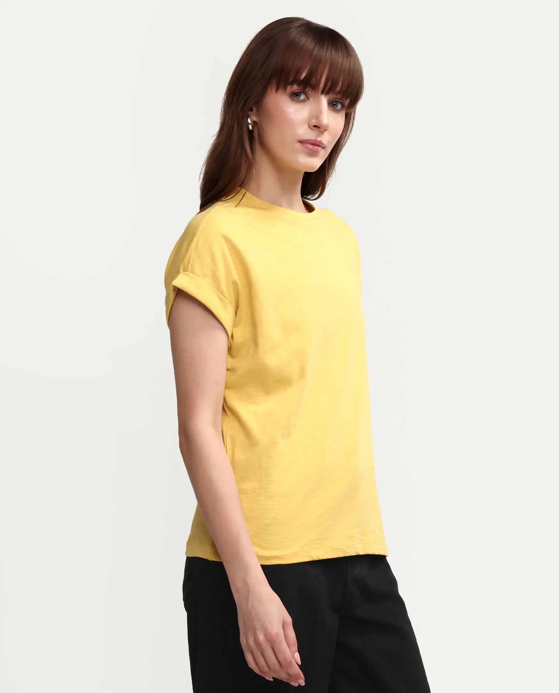 Rareism Women's Janinen Mustard Cotton Blend Round Neck Plain Extended Sleeves Regular Fit T-Shirt
