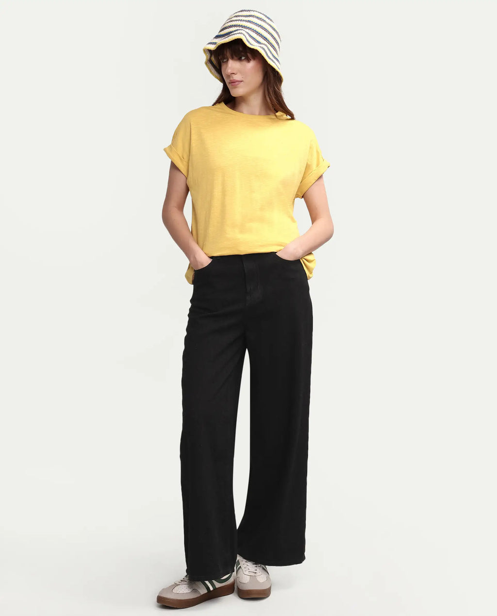 Rareism Women's Janinen Mustard Cotton Blend Round Neck Plain Extended Sleeves Regular Fit T-Shirt
