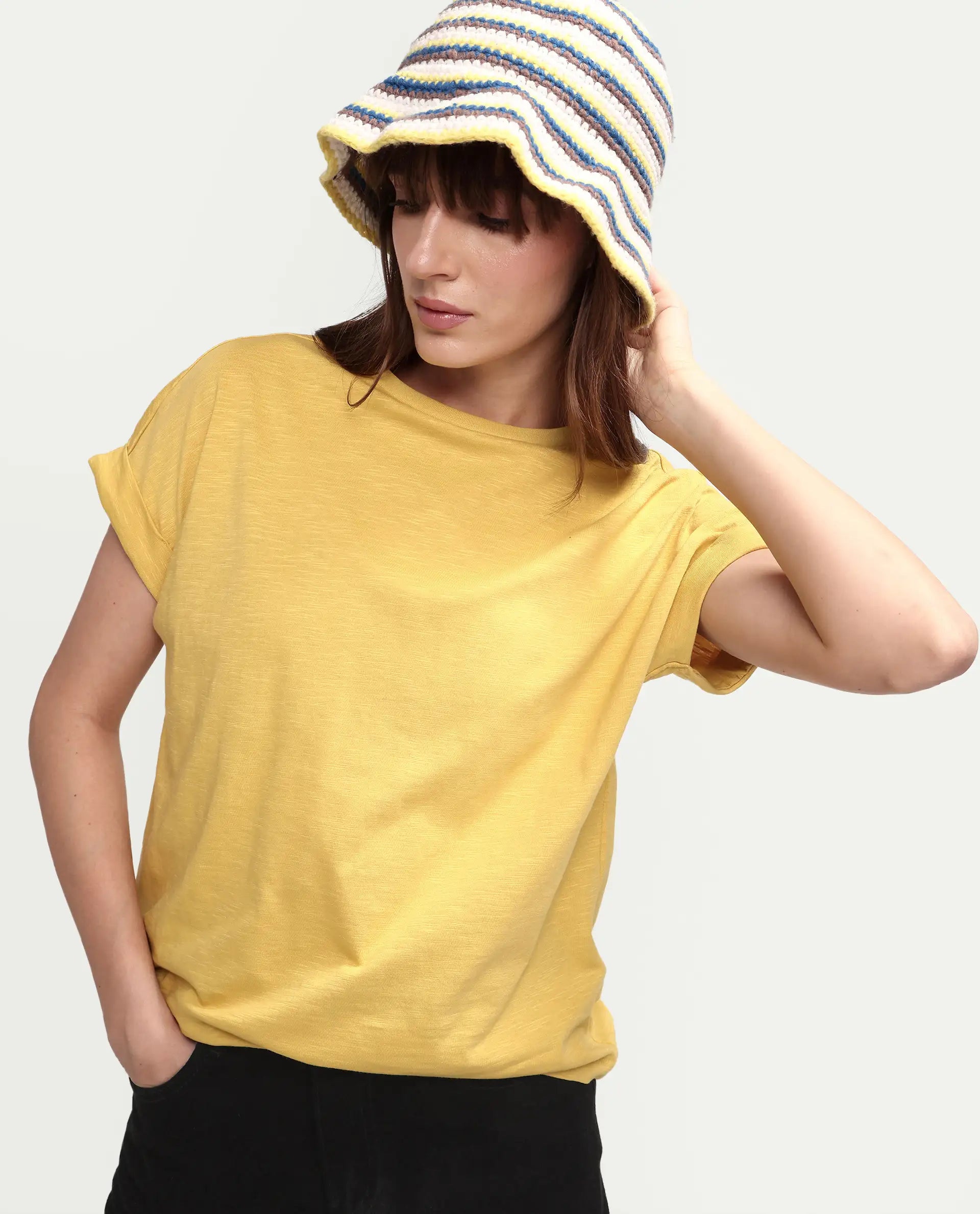 Rareism Women's Janinen Mustard Cotton Blend Round Neck Plain Extended Sleeves Regular Fit T-Shirt