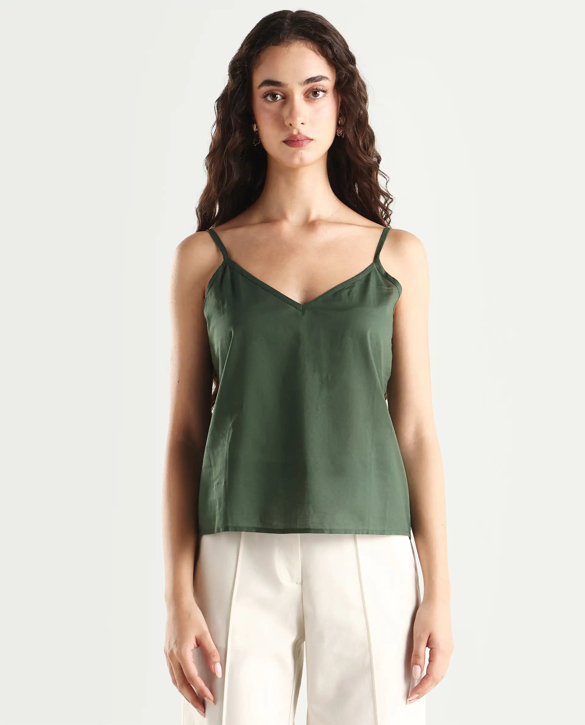 Rareism Women's Rona Green Viscose Band Collar Ornamental Print Cuffed Sleeve Relaxed Fit Top