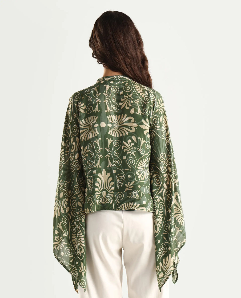 Rareism Women's Rona Green Viscose Band Collar Ornamental Print Cuffed Sleeve Relaxed Fit Top