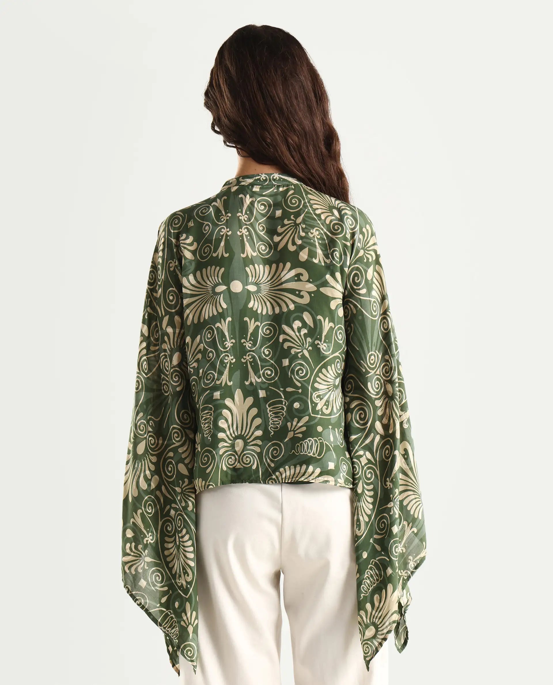 Rareism Women's Rona Green Viscose Band Collar Ornamental Print Cuffed Sleeve Relaxed Fit Top