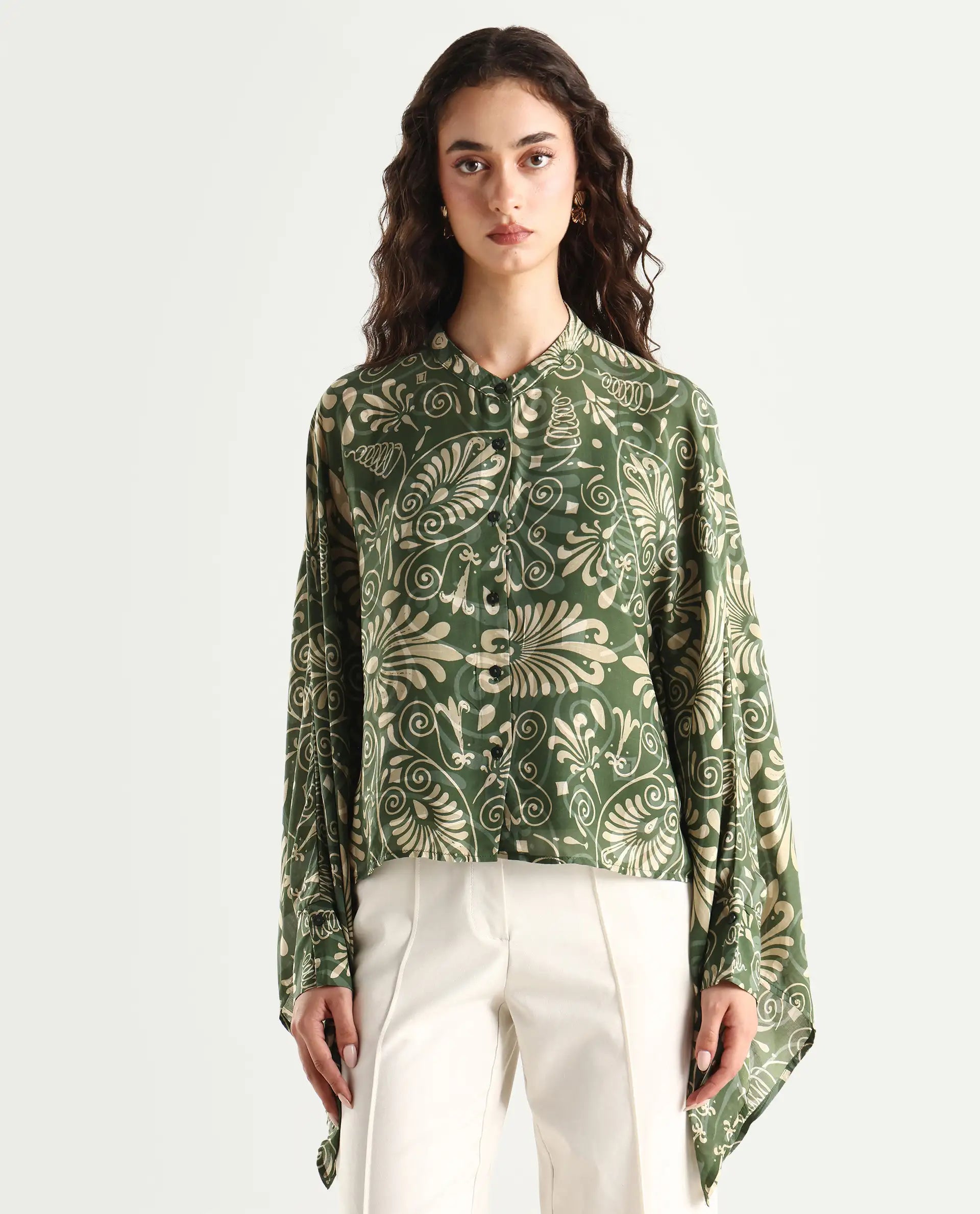 Rareism Women's Rona Green Viscose Band Collar Ornamental Print Cuffed Sleeve Relaxed Fit Top
