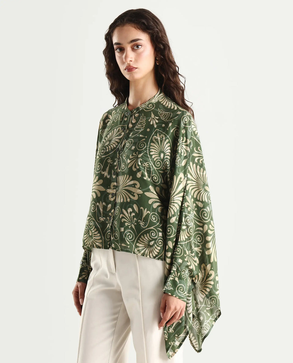 Rareism Women's Rona Green Viscose Band Collar Ornamental Print Cuffed Sleeve Relaxed Fit Top