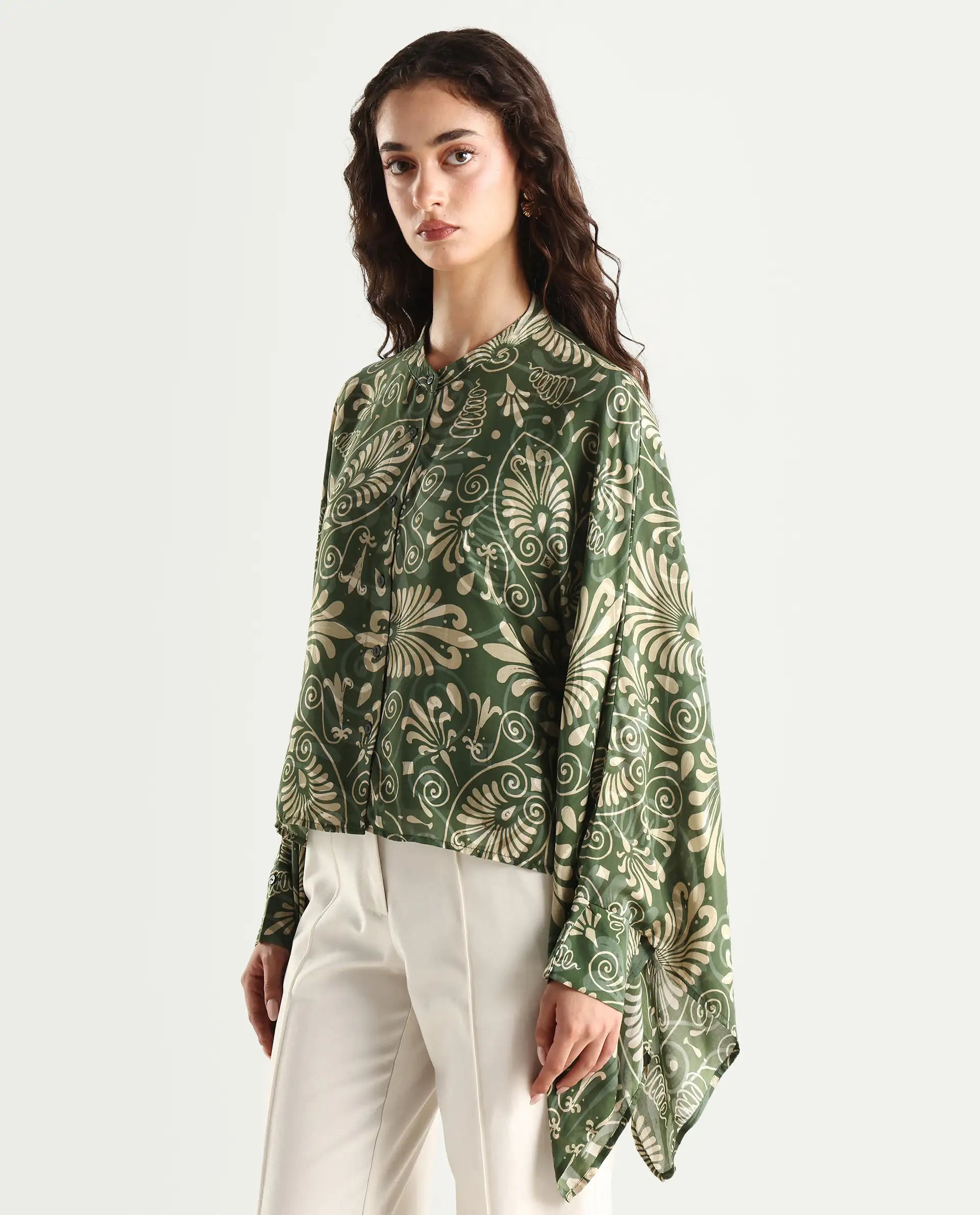 Rareism Women's Rona Green Viscose Band Collar Ornamental Print Cuffed Sleeve Relaxed Fit Top