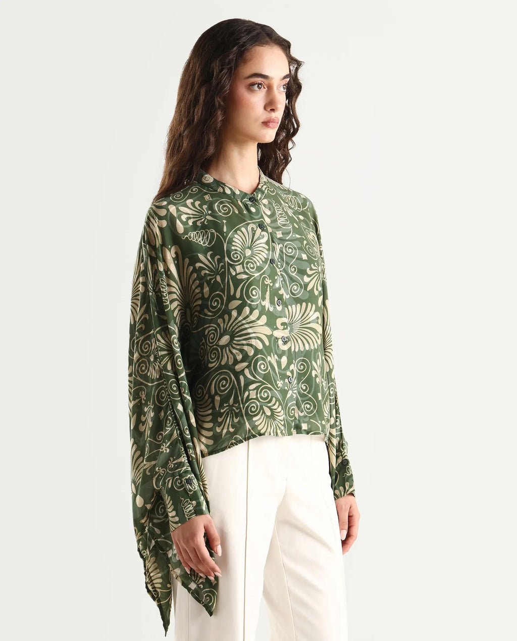 Rareism Women's Rona Green Viscose Band Collar Ornamental Print Cuffed Sleeve Relaxed Fit Top