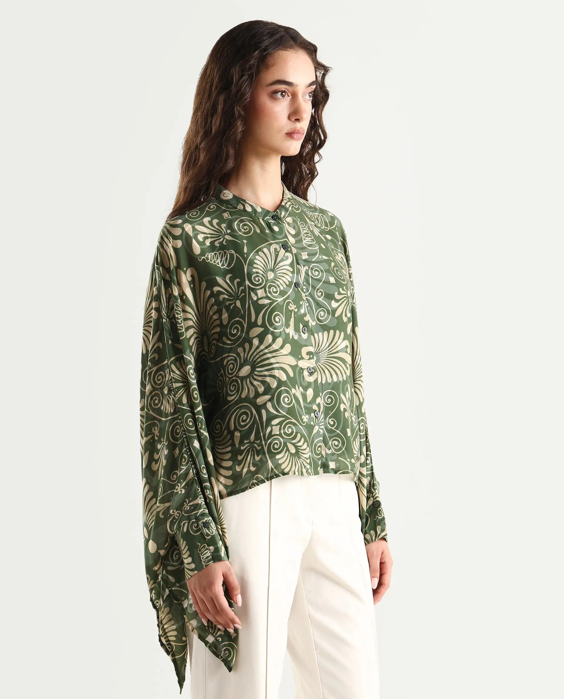 Rareism Women's Rona Green Viscose Band Collar Ornamental Print Cuffed Sleeve Relaxed Fit Top