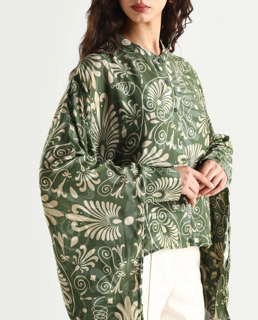 Rareism Women's Rona Green Viscose Band Collar Ornamental Print Cuffed Sleeve Relaxed Fit Top