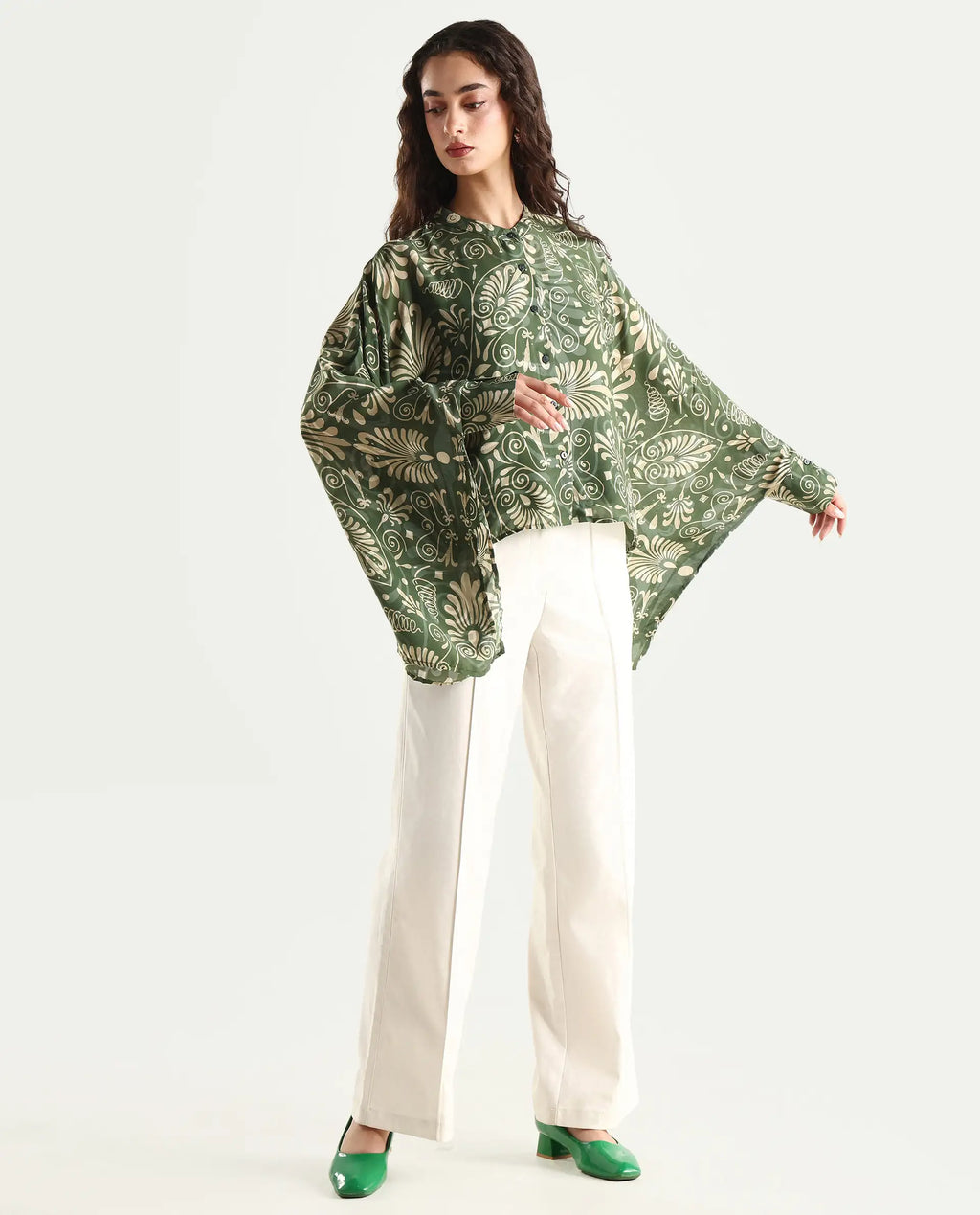Rareism Women's Rona Green Viscose Band Collar Ornamental Print Cuffed Sleeve Relaxed Fit Top