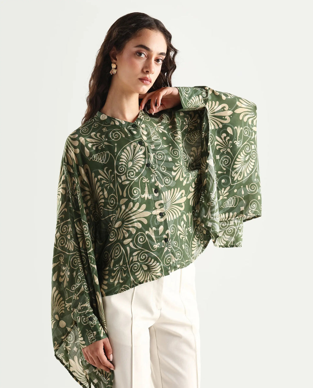 Rareism Women's Rona Green Viscose Band Collar Ornamental Print Cuffed Sleeve Relaxed Fit Top