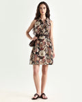 Rareism Women's Ronaf Brown Cotton Spread Collar Abstract Print Sleeveless Maxi Flared Dress