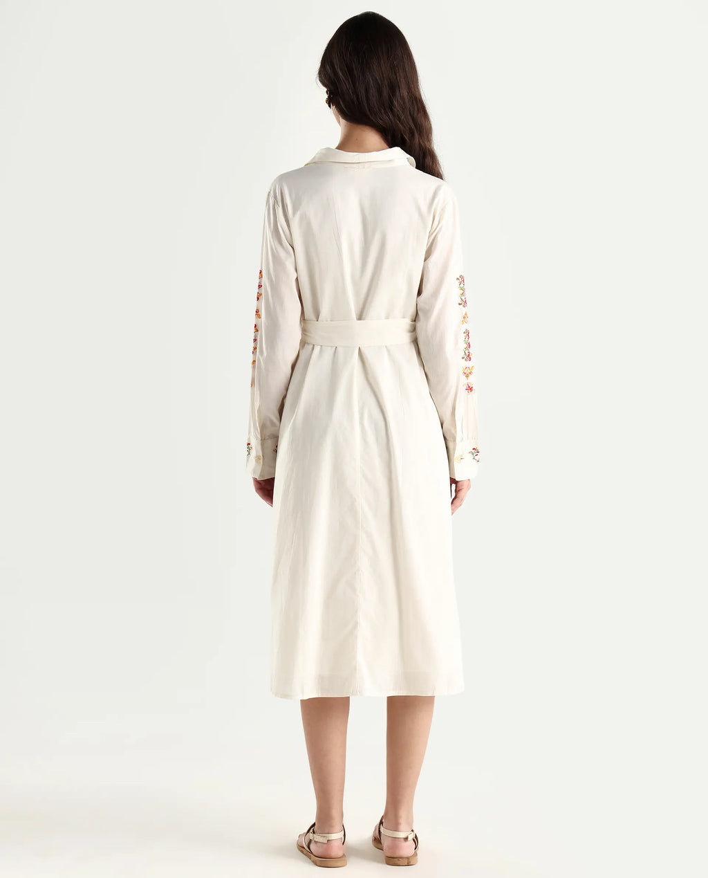 Rareism Women's Ronaq Off White Cotton Spread Collar Plain Cuffed Sleeve Midi A-Line Dress