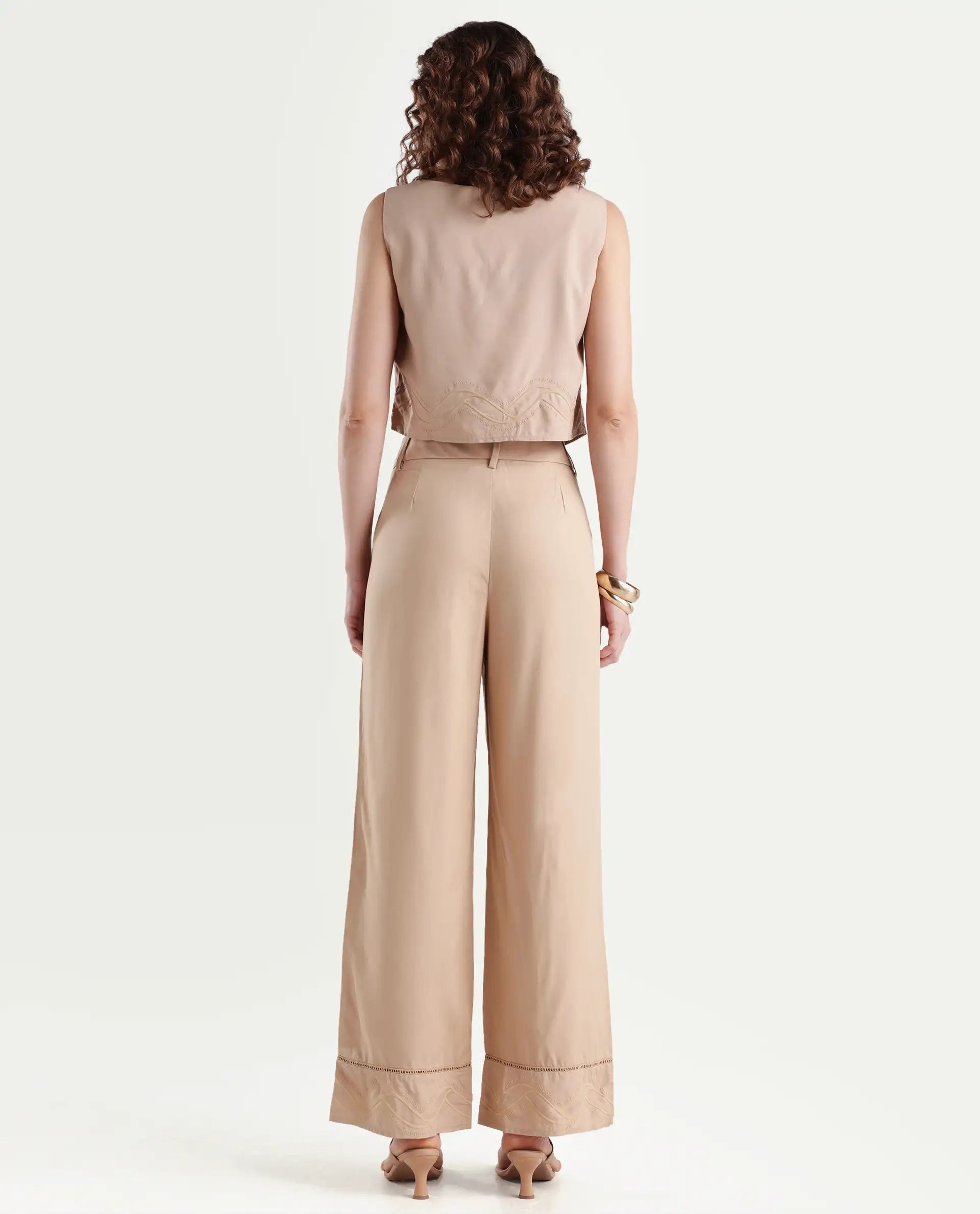 Rareism Women's Roneshif B Beige Viscose Plain Ankle Length Straight Fit Trouser