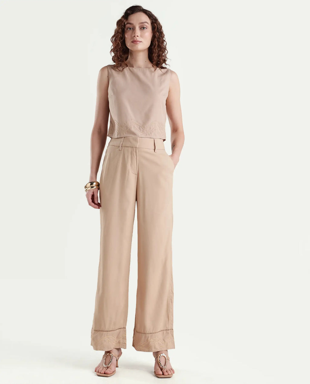 Rareism Women's Roneshif B Beige Viscose Plain Ankle Length Straight Fit Trouser