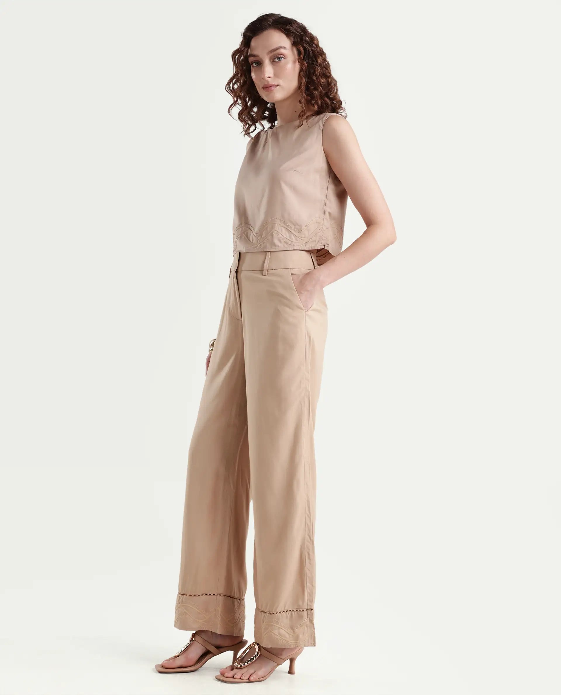 Rareism Women's Roneshif B Beige Viscose Plain Ankle Length Straight Fit Trouser