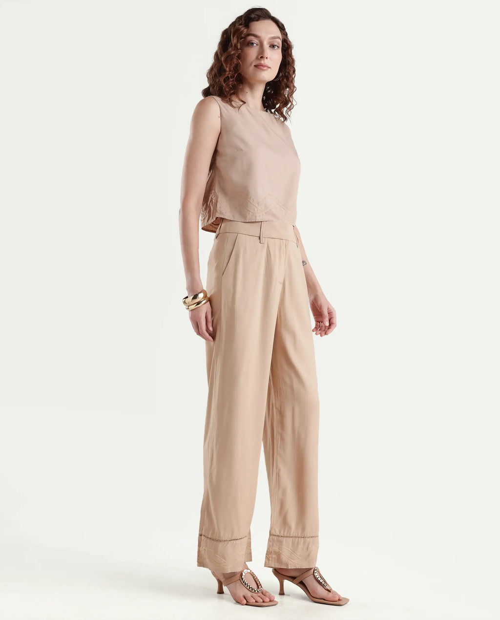 Rareism Women's Roneshif B Beige Viscose Plain Ankle Length Straight Fit Trouser