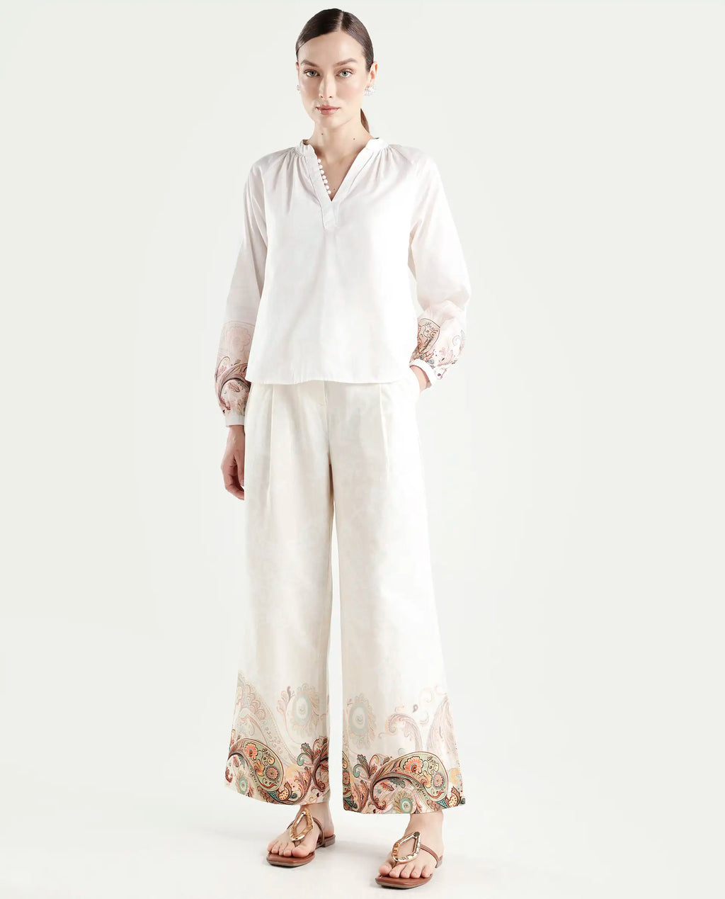 Rareism Women's Roniv B Beige Cotton Paisley Print Ankle Length Wide Trouser