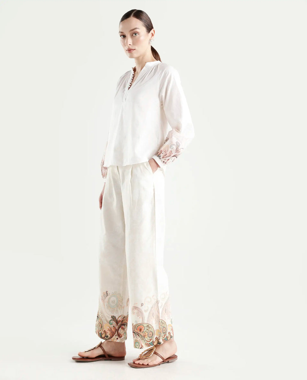 Rareism Women's Roniv B Beige Cotton Paisley Print Ankle Length Wide Trouser