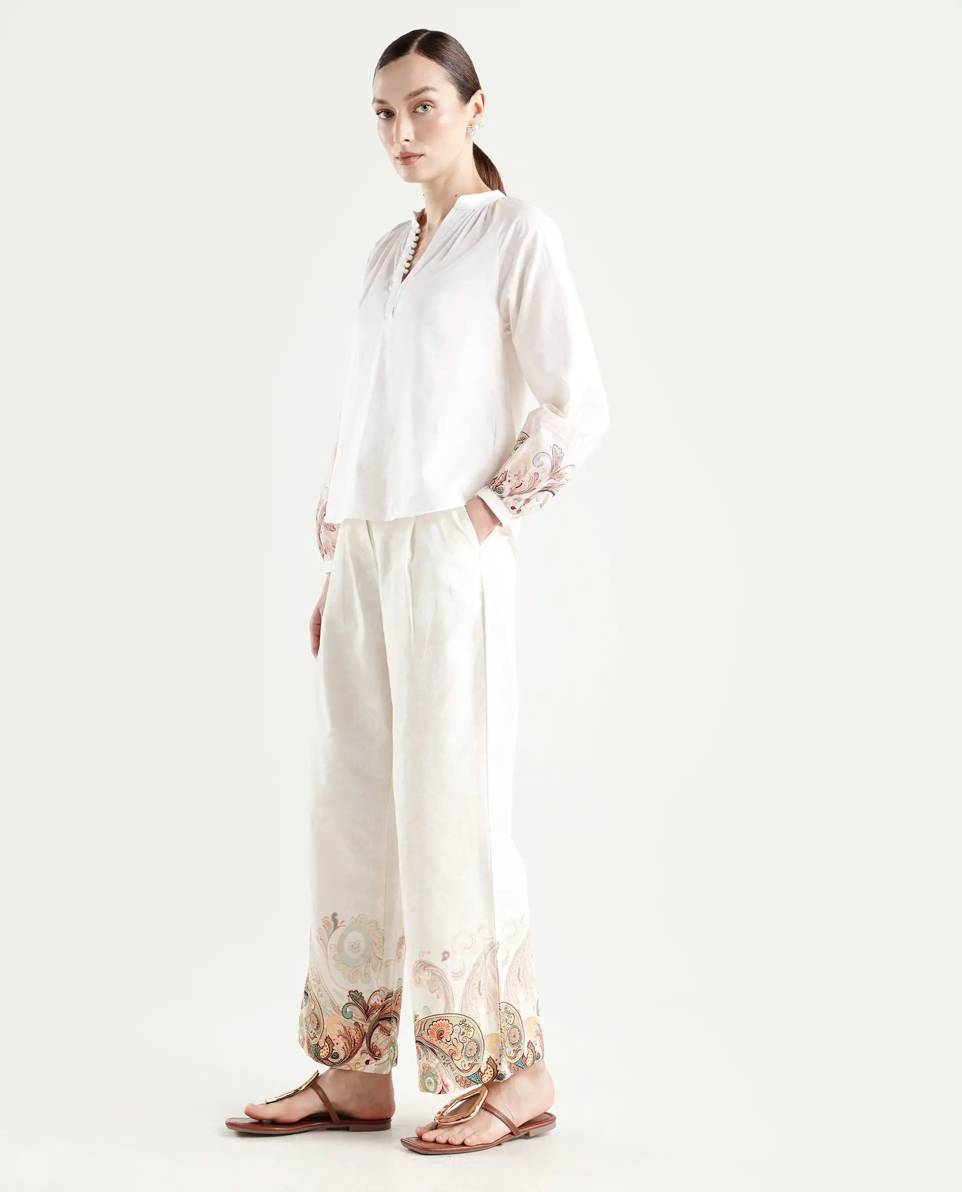 Rareism Women's Roniv B Beige Cotton Paisley Print Ankle Length Wide Trouser