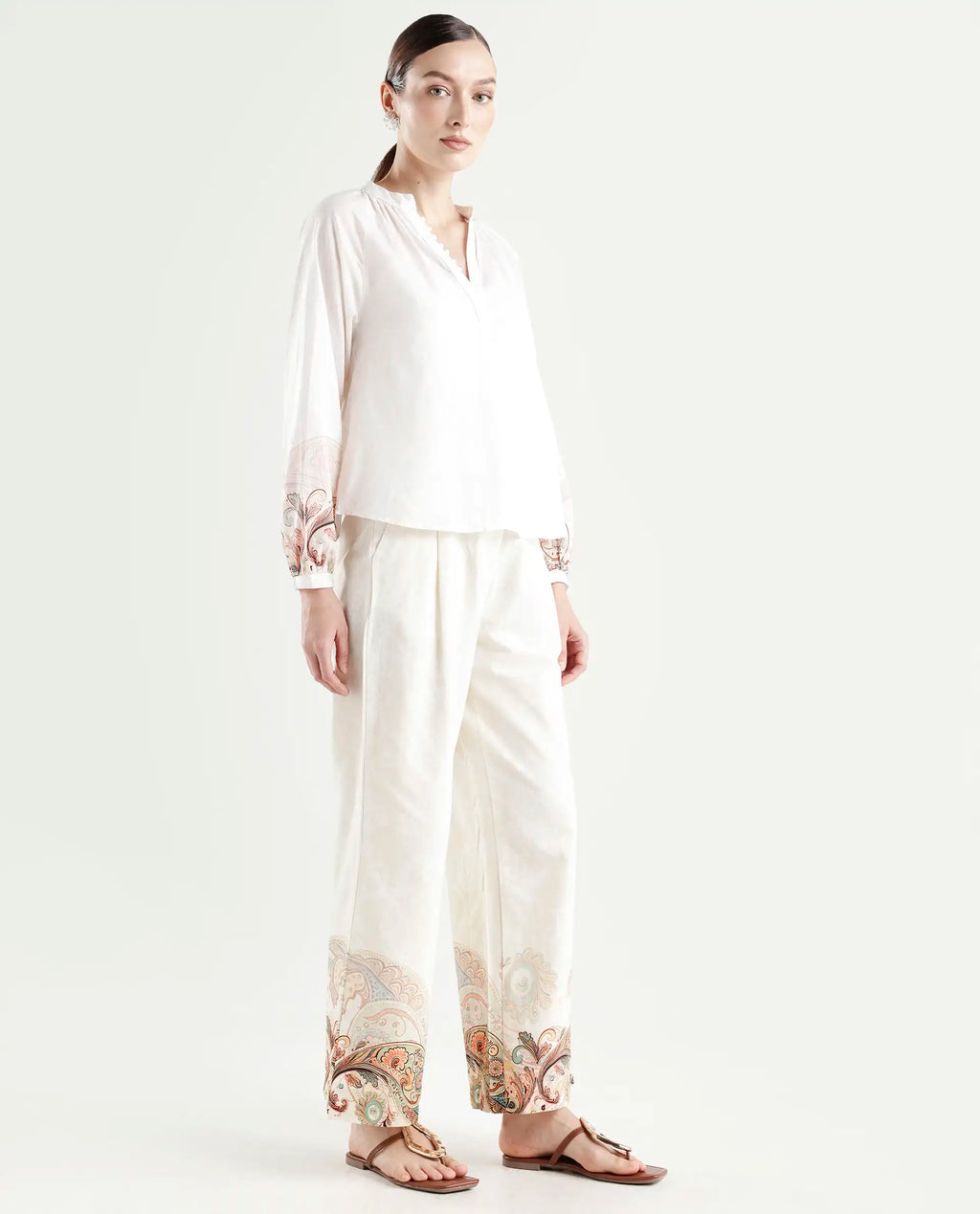 Rareism Women's Roniv B Beige Cotton Paisley Print Ankle Length Wide Trouser