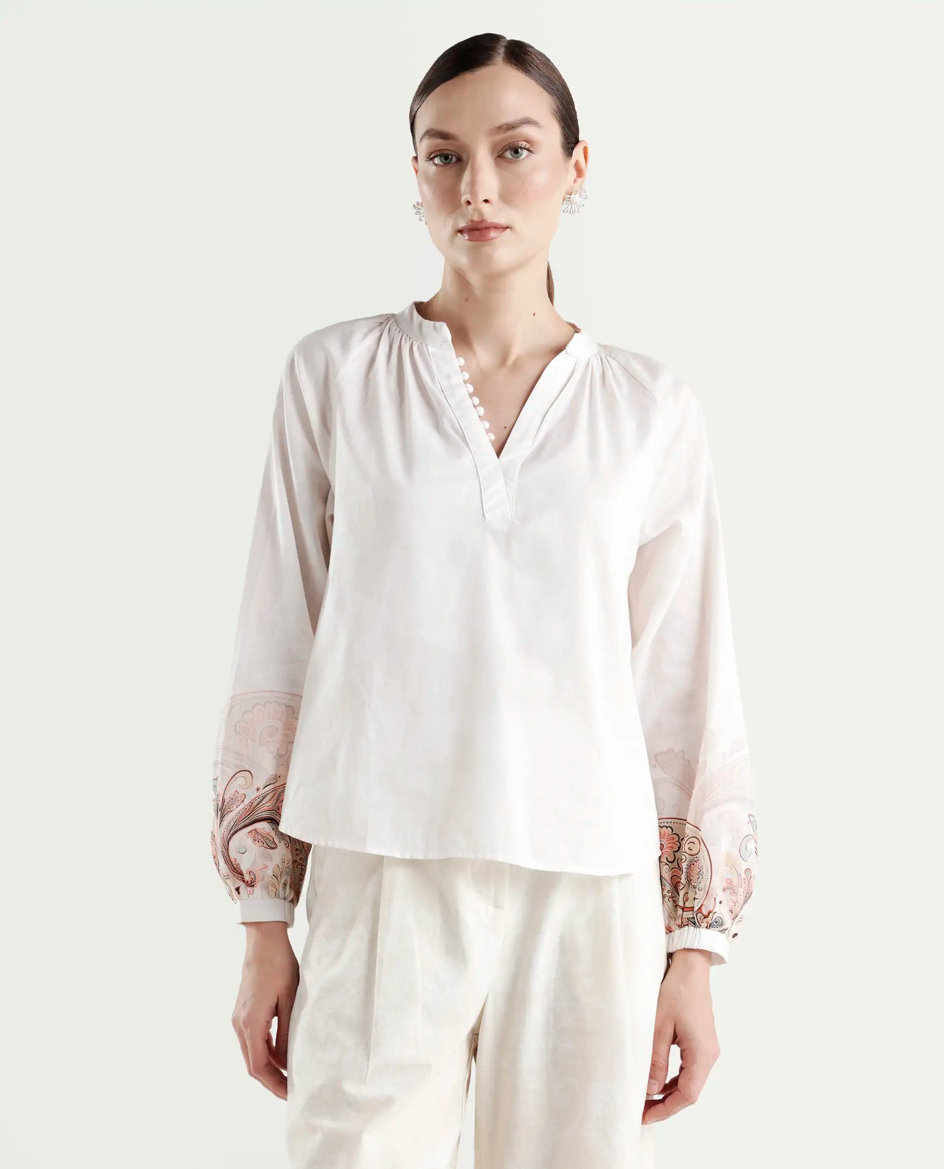 Rareism Women's Roniv T Beige Cotton Mandarin Collar Paisley Print Regular Fit Top