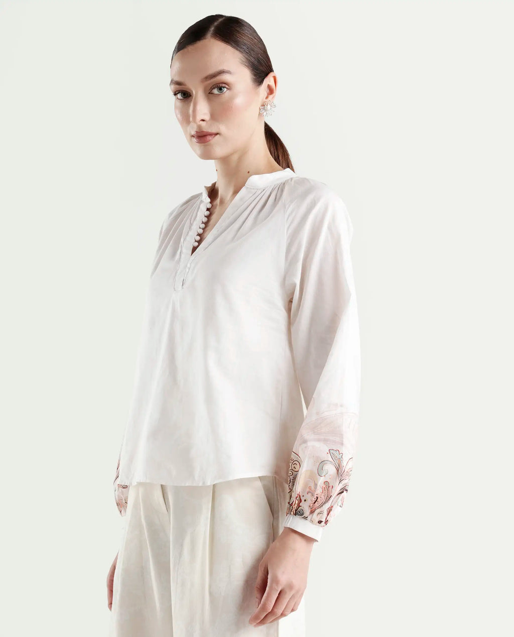 Rareism Women's Roniv T Beige Cotton Mandarin Collar Paisley Print Regular Fit Top