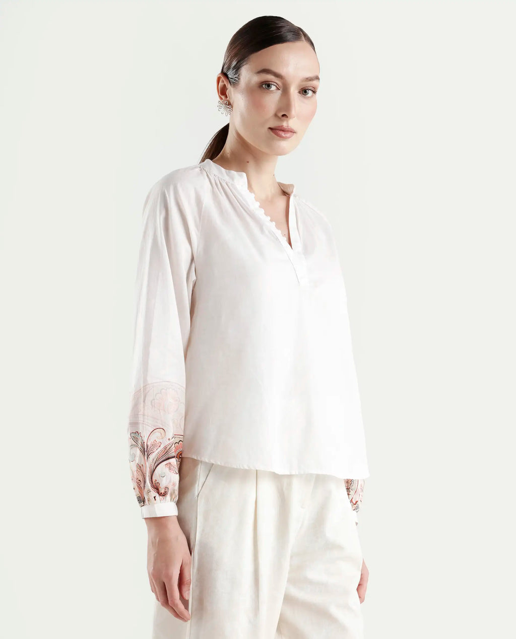 Rareism Women's Roniv T Beige Cotton Mandarin Collar Paisley Print Regular Fit Top