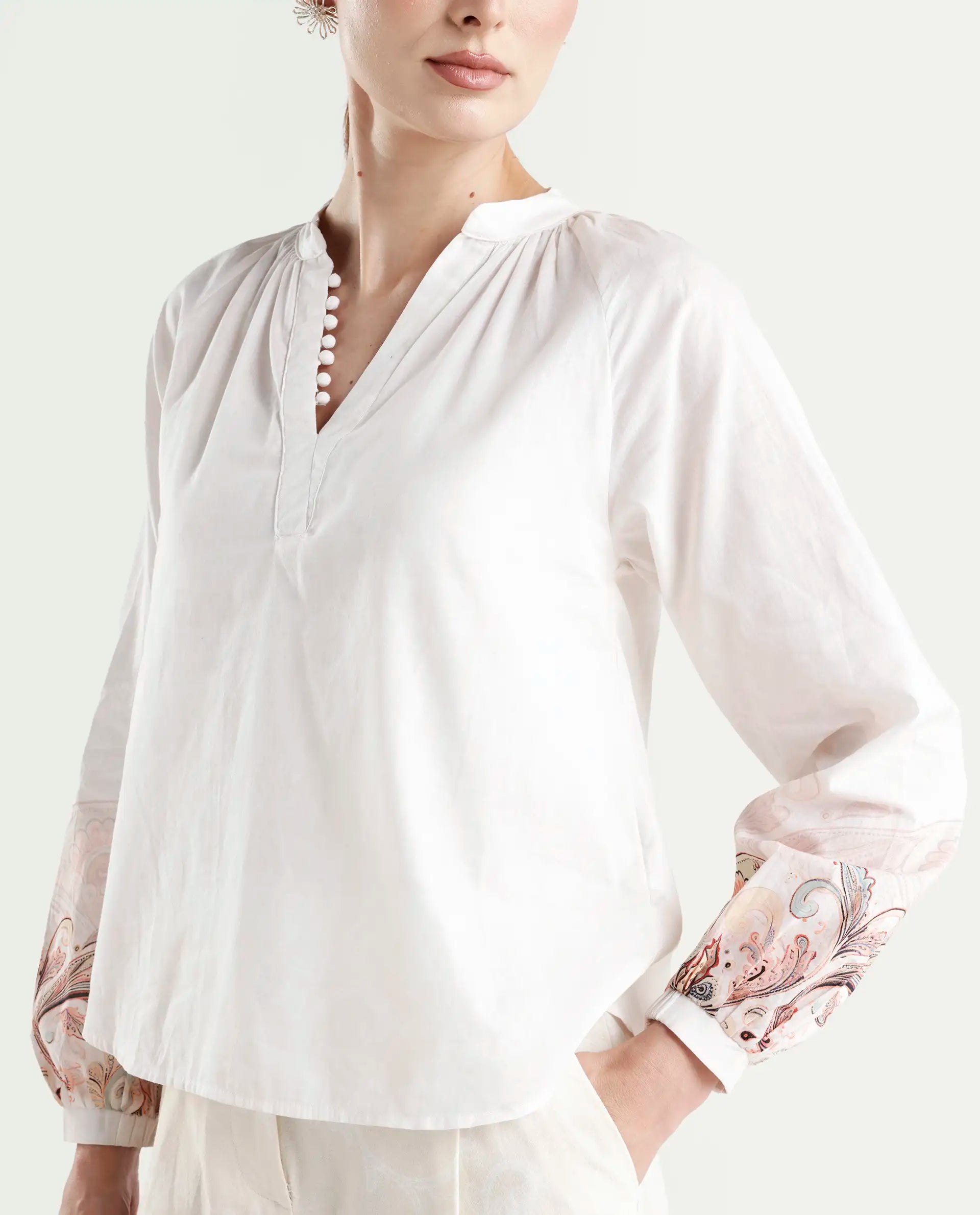 Rareism Women's Roniv T Beige Cotton Mandarin Collar Paisley Print Regular Fit Top