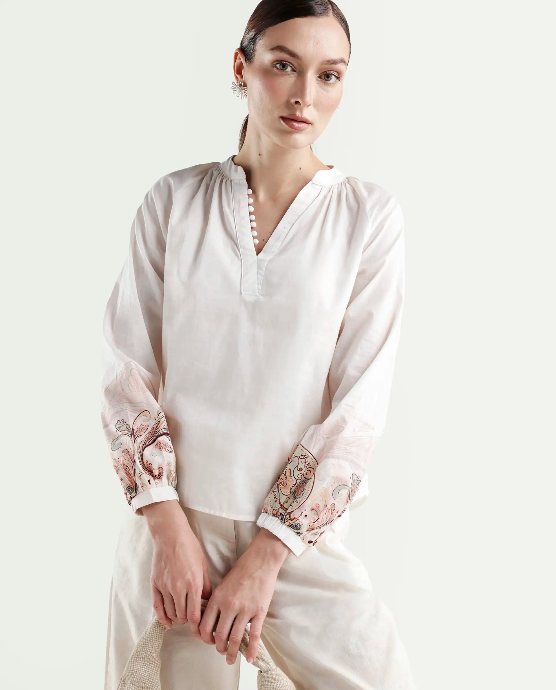 Rareism Women's Roniv T Beige Cotton Mandarin Collar Paisley Print Regular Fit Top