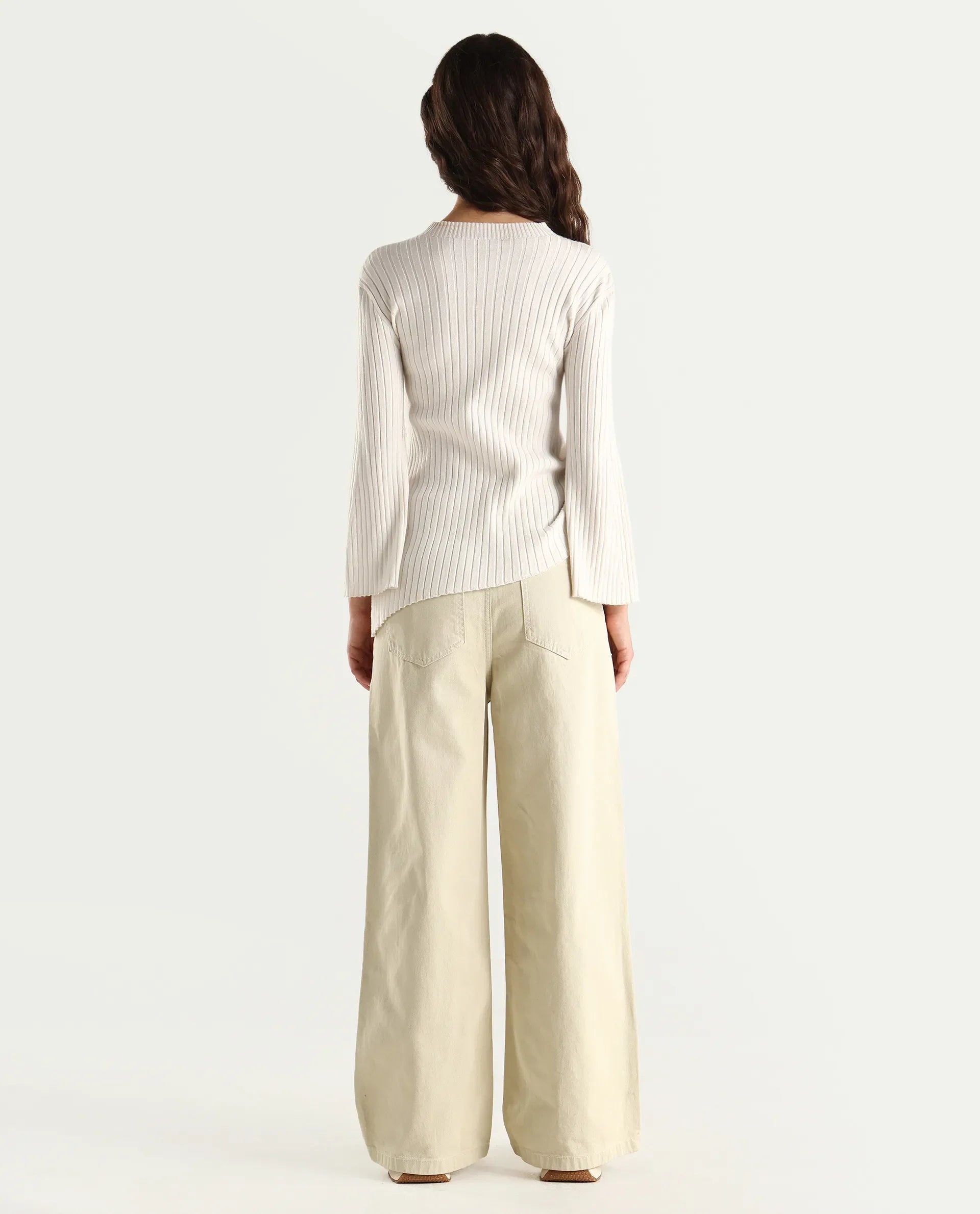 Rareism Women's Ronob Beige Cotton Blend Plain Ankle Length Wide Trouser