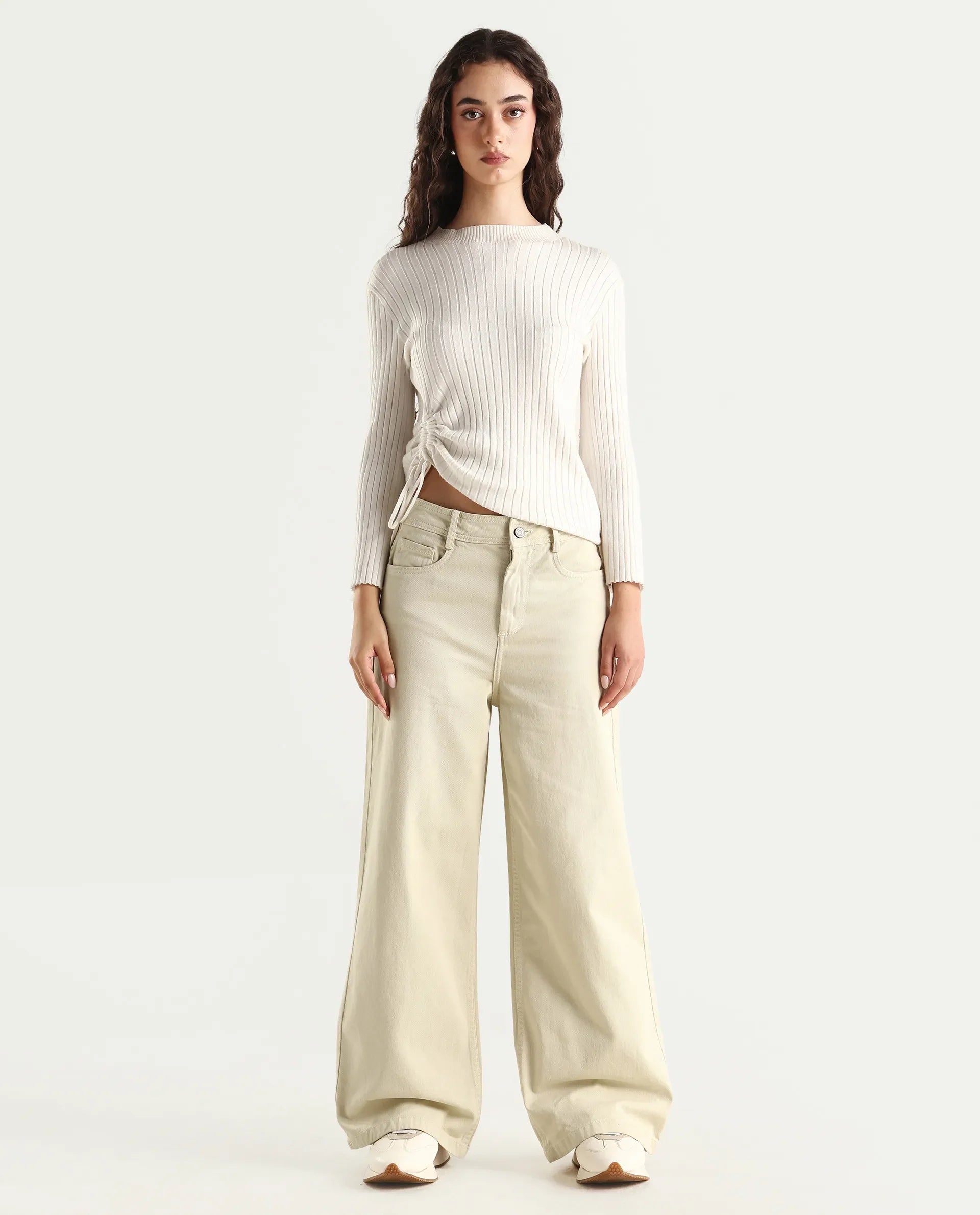 Rareism Women's Ronob Beige Cotton Blend Plain Ankle Length Wide Trouser