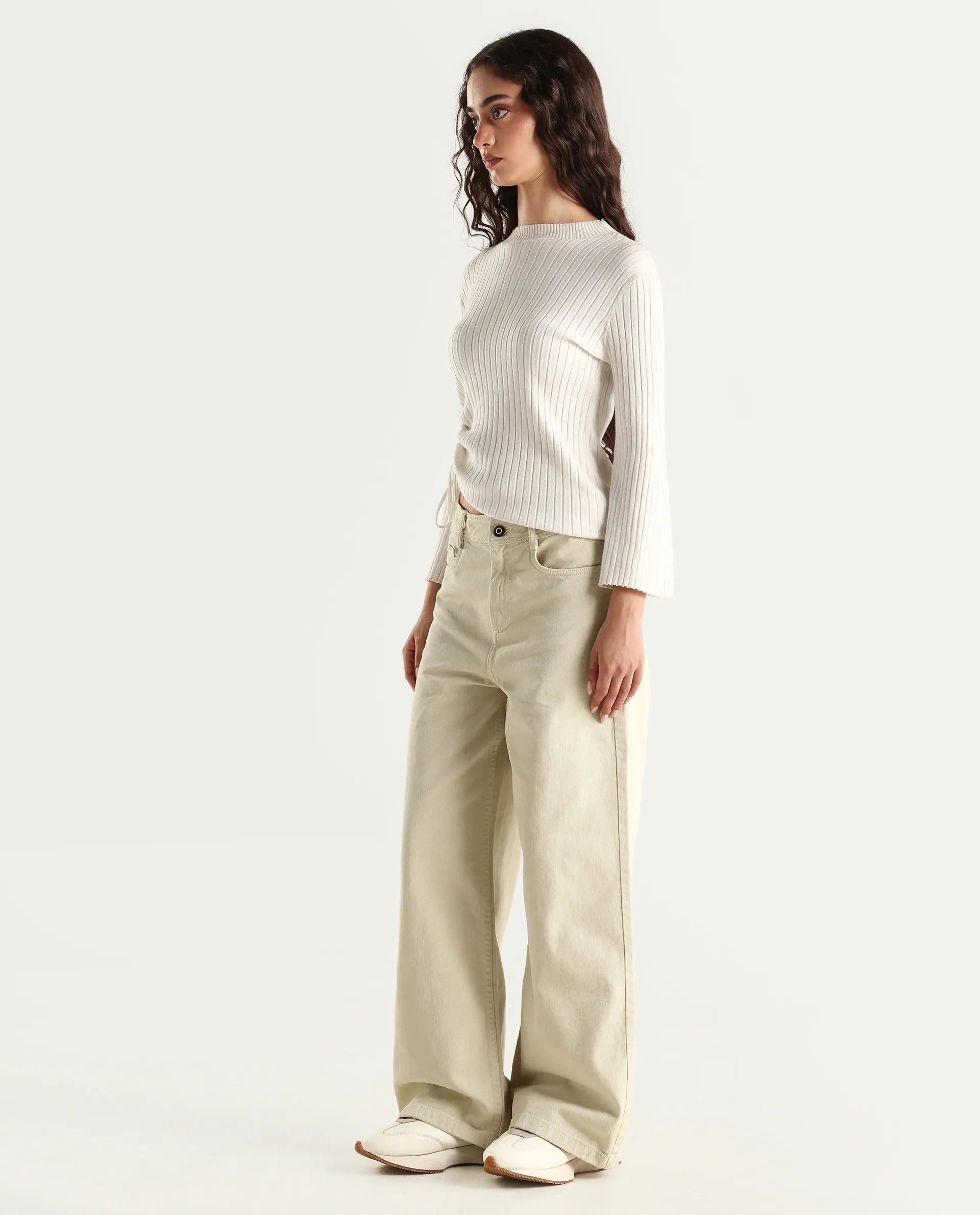 Rareism Women's Ronob Beige Cotton Blend Plain Ankle Length Wide Trouser