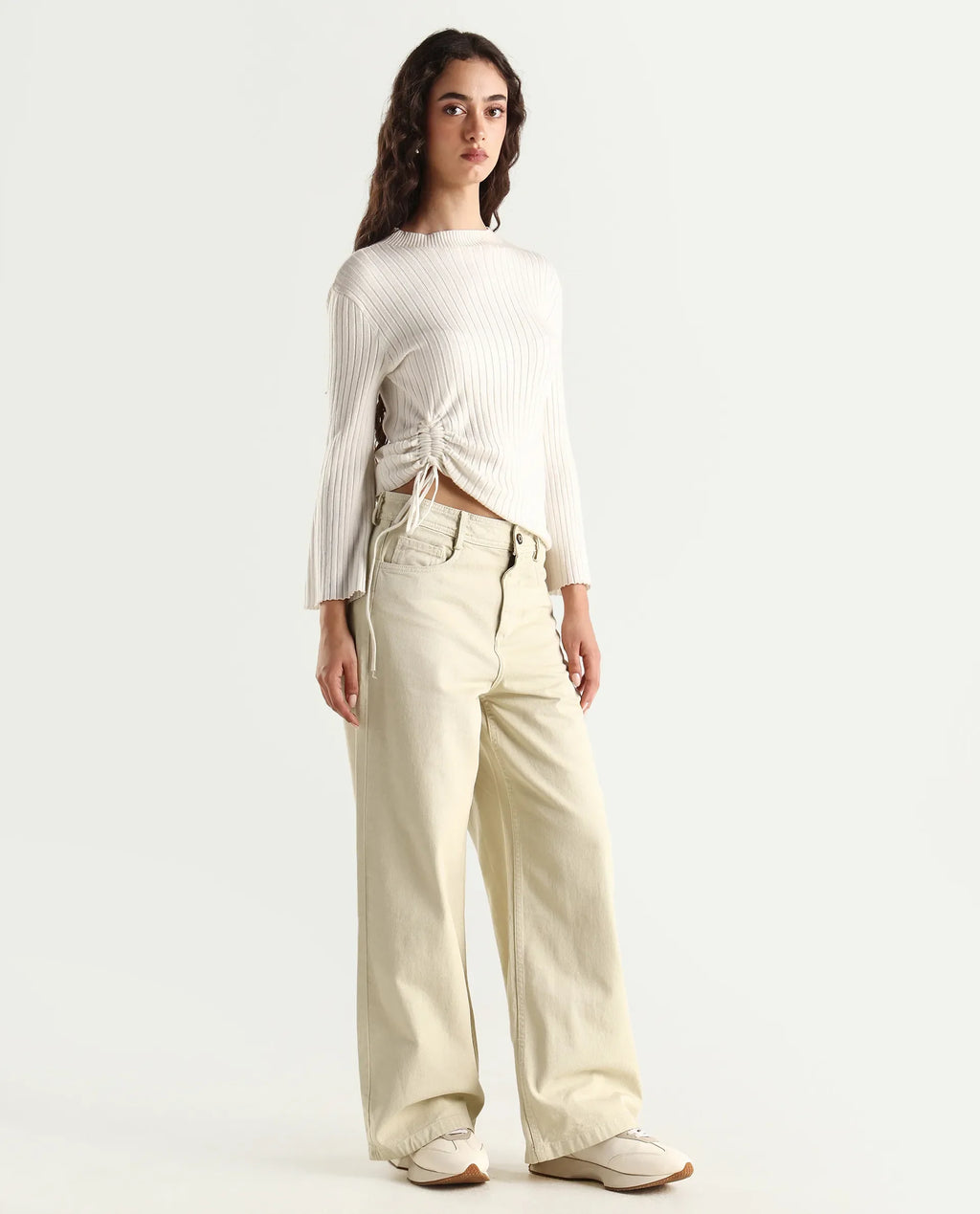 Rareism Women's Ronob Beige Cotton Blend Plain Ankle Length Wide Trouser