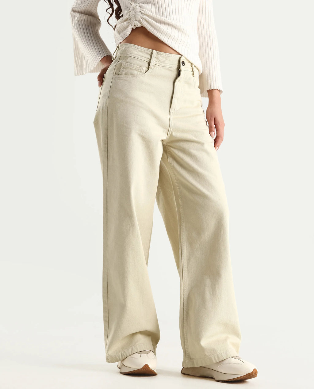 Rareism Women's Ronob Beige Cotton Blend Plain Ankle Length Wide Trouser