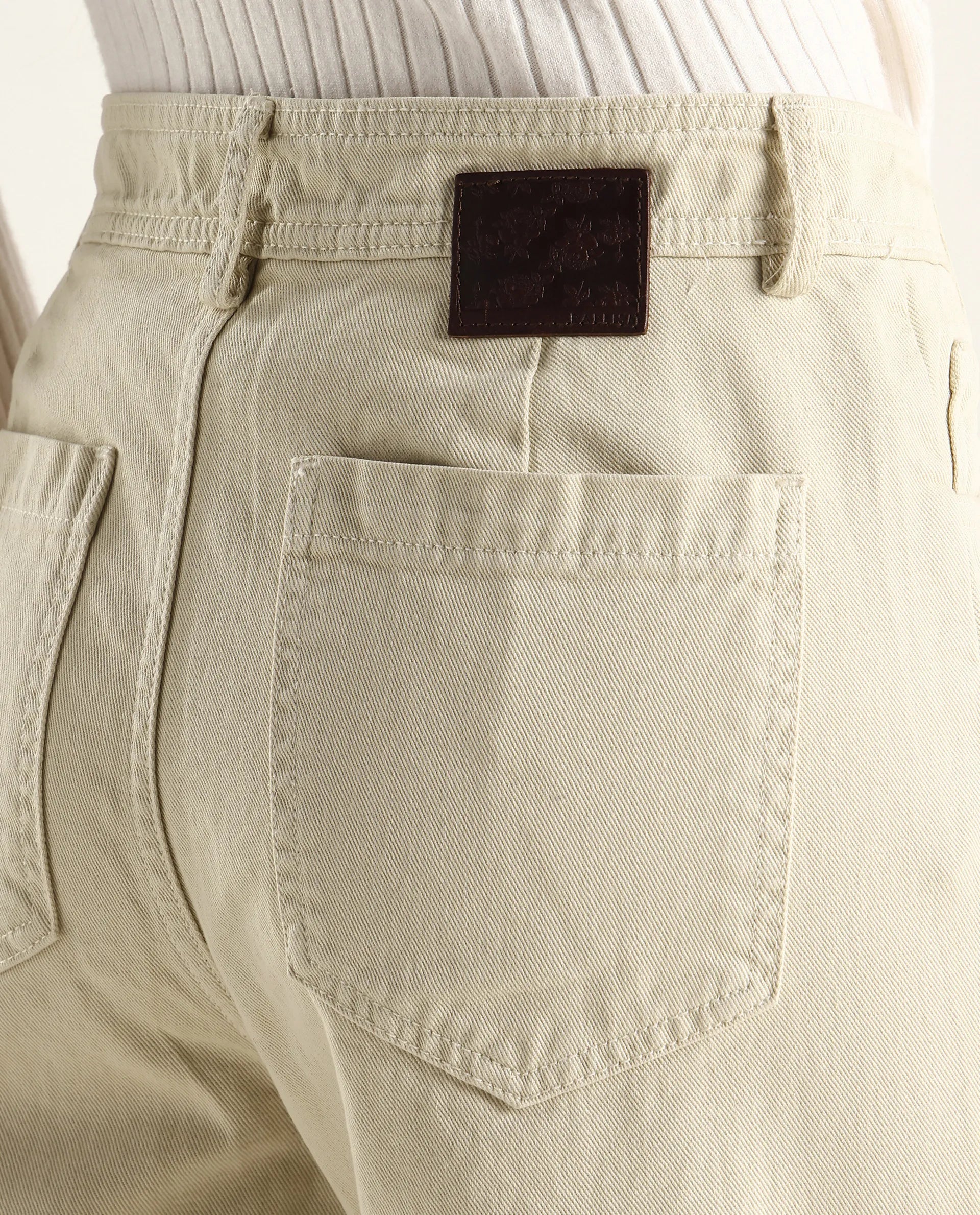 Rareism Women's Ronob Beige Cotton Blend Plain Ankle Length Wide Trouser