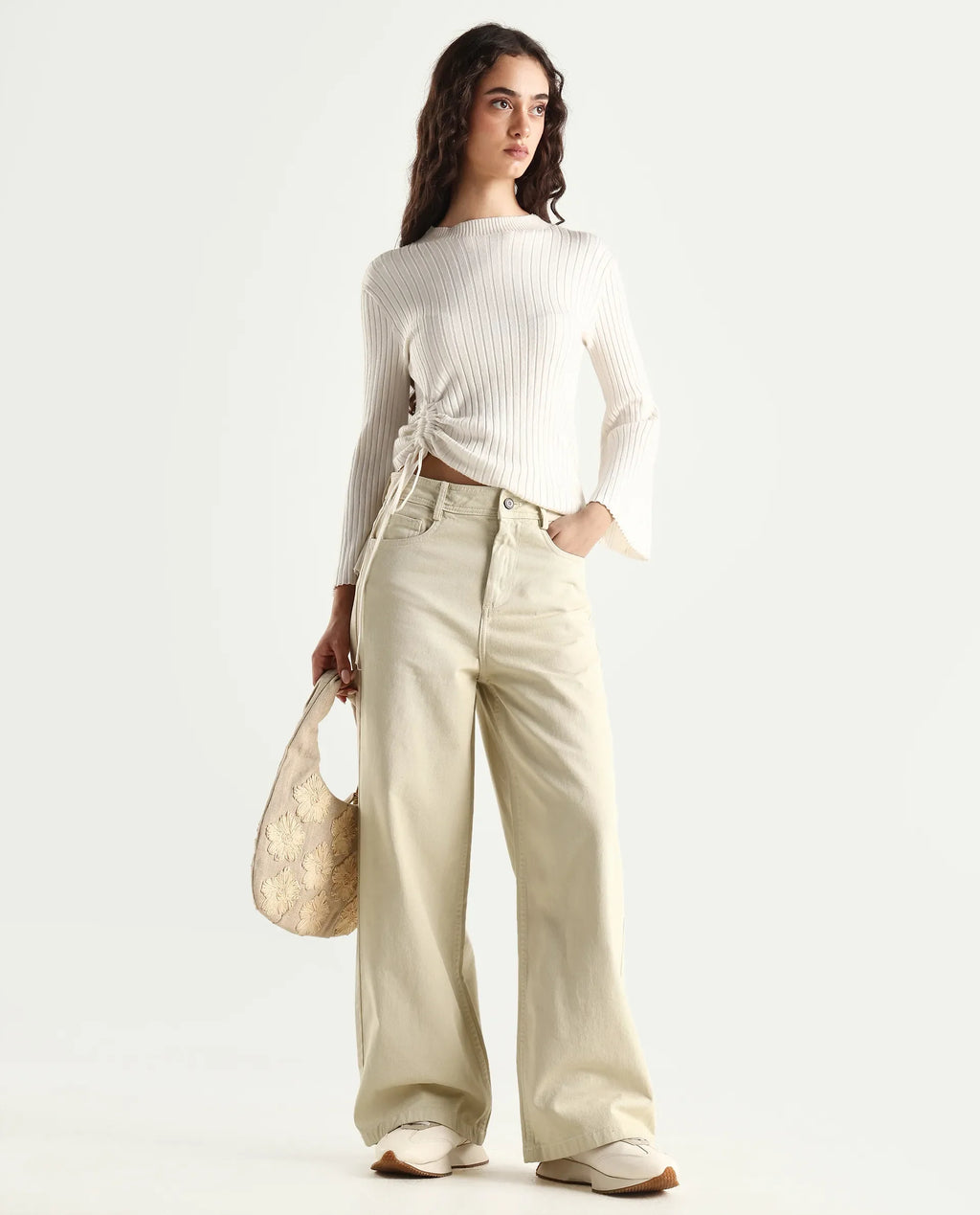 Rareism Women's Ronob Beige Cotton Blend Plain Ankle Length Wide Trouser