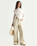 Rareism Women's Ronob Beige Cotton Blend Plain Ankle Length Wide Trouser