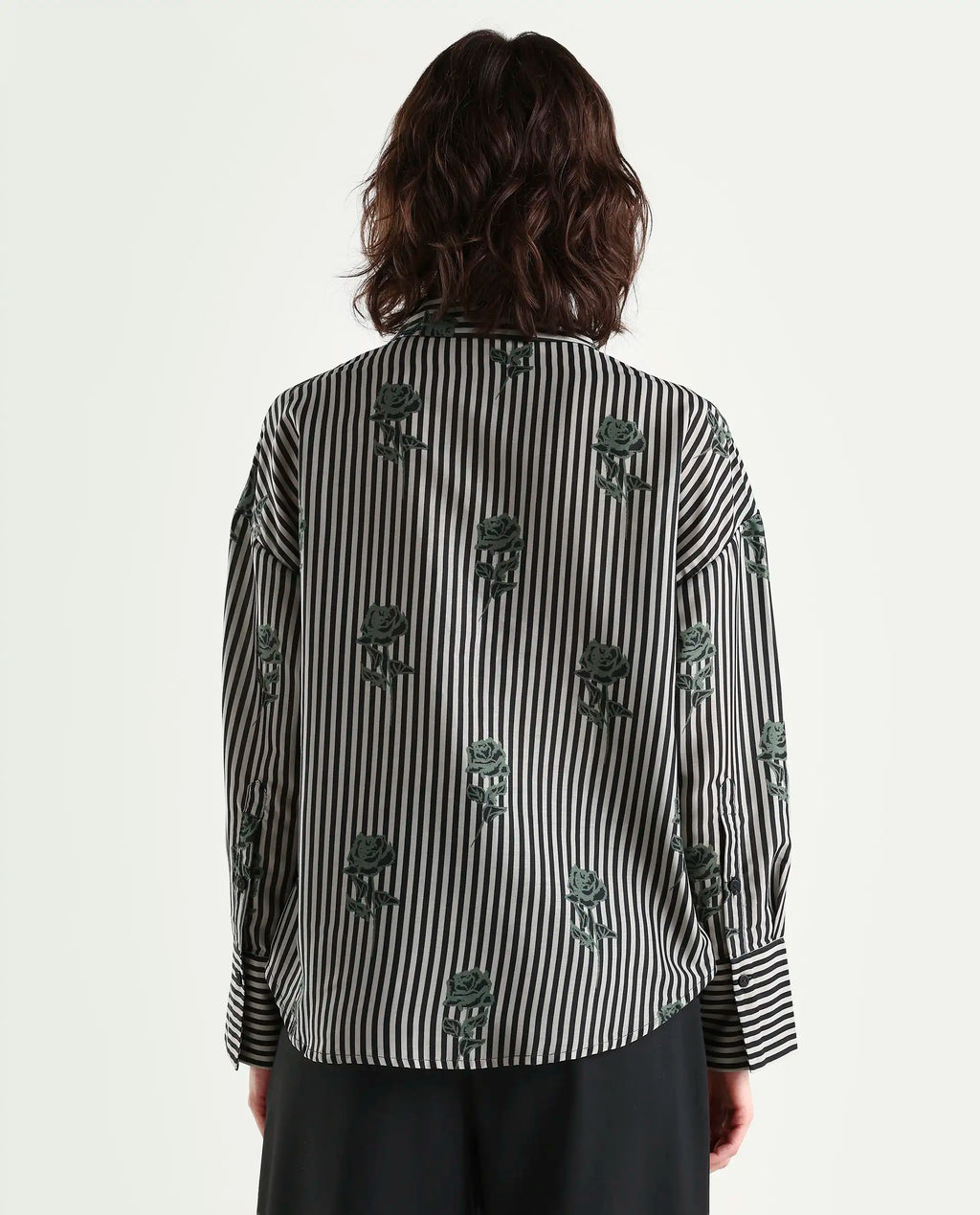 Rareism Women's Ronrayzo Dark Green Polyester Blend Spread Collar Striped Cuffed Sleeve Regular Fit Shirt
