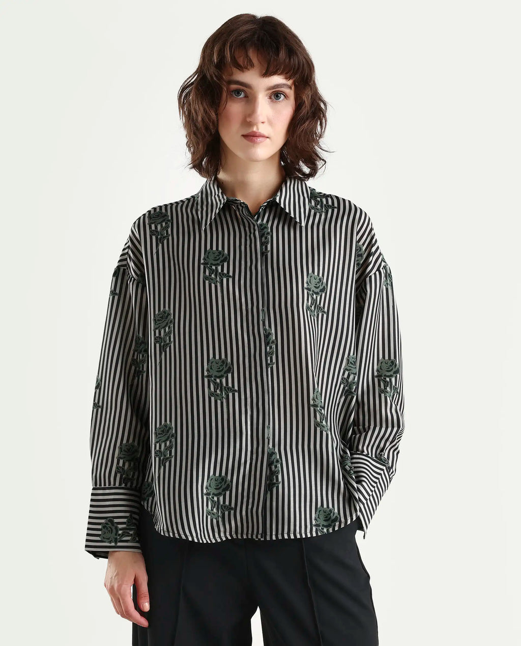 Rareism Women's Ronrayzo Dark Green Polyester Blend Spread Collar Striped Cuffed Sleeve Regular Fit Shirt