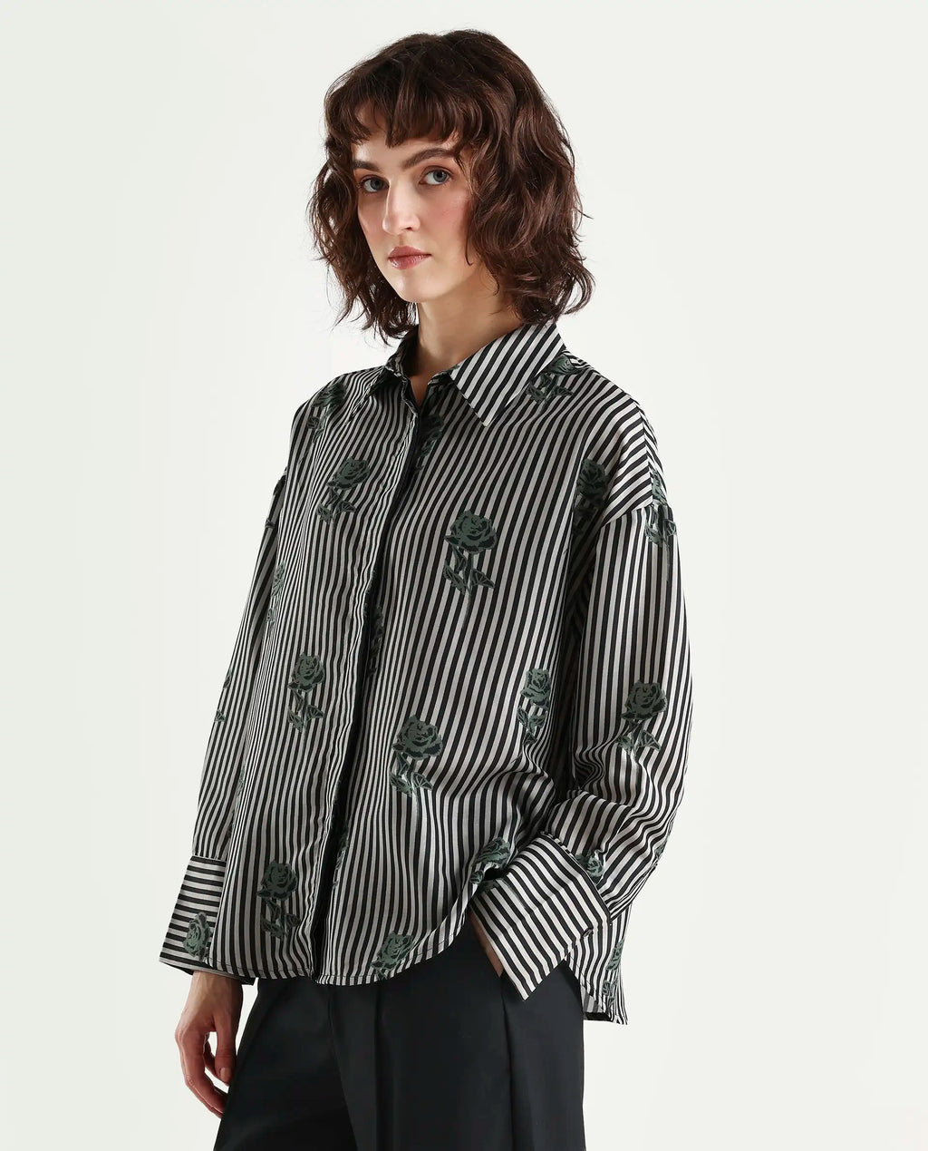Rareism Women's Ronrayzo Dark Green Polyester Blend Spread Collar Striped Cuffed Sleeve Regular Fit Shirt