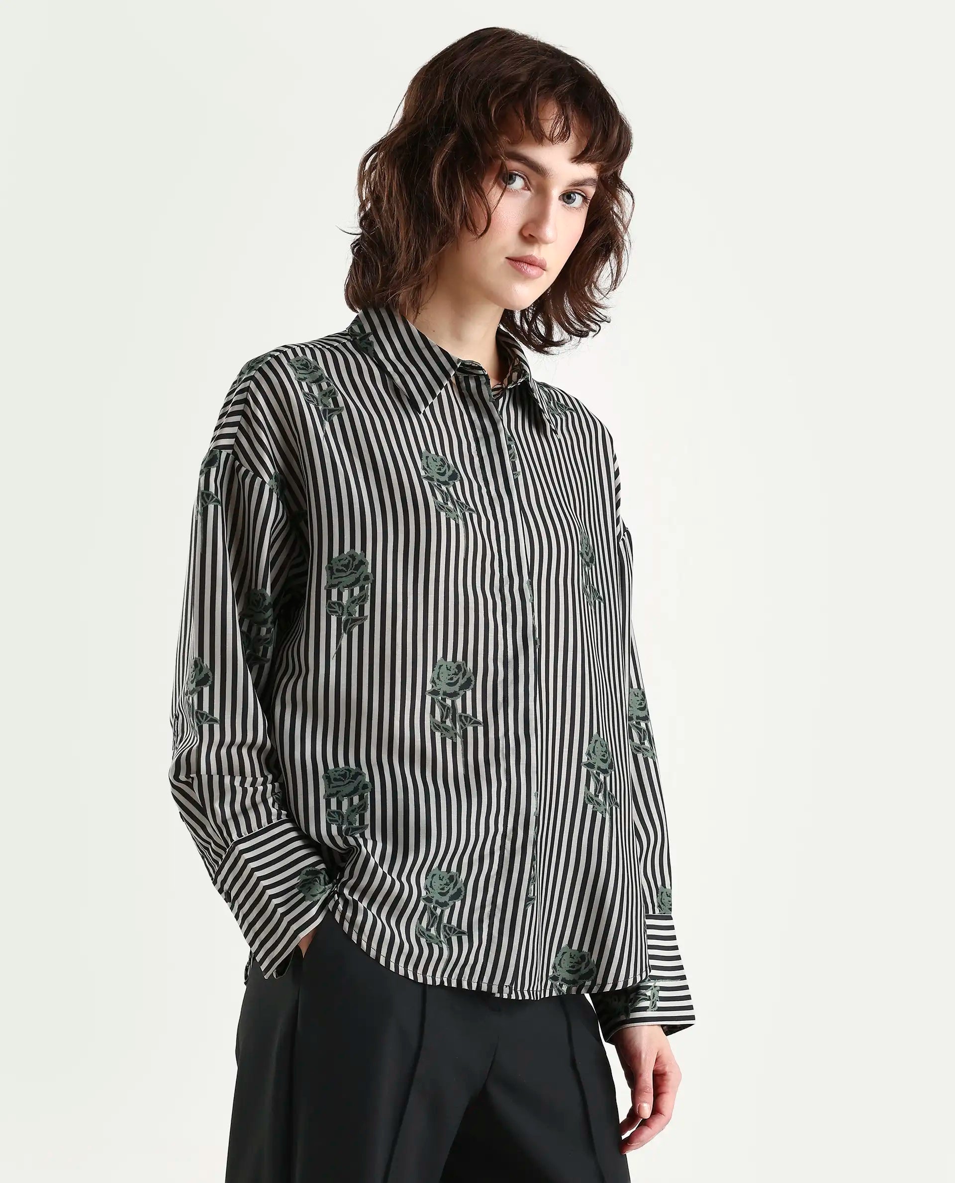 Rareism Women's Ronrayzo Dark Green Polyester Blend Spread Collar Striped Cuffed Sleeve Regular Fit Shirt