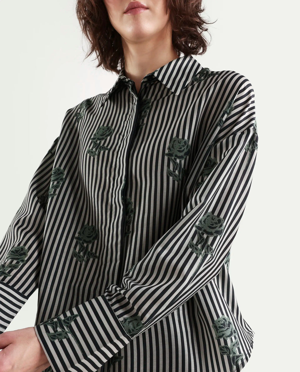 Rareism Women's Ronrayzo Dark Green Polyester Blend Spread Collar Striped Cuffed Sleeve Regular Fit Shirt