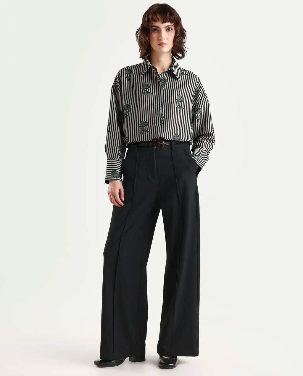 Rareism Women's Ronrayzo Dark Green Polyester Blend Spread Collar Striped Cuffed Sleeve Regular Fit Shirt