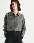 Rareism Women's Ronrayzo Dark Green Polyester Blend Spread Collar Striped Cuffed Sleeve Regular Fit Shirt