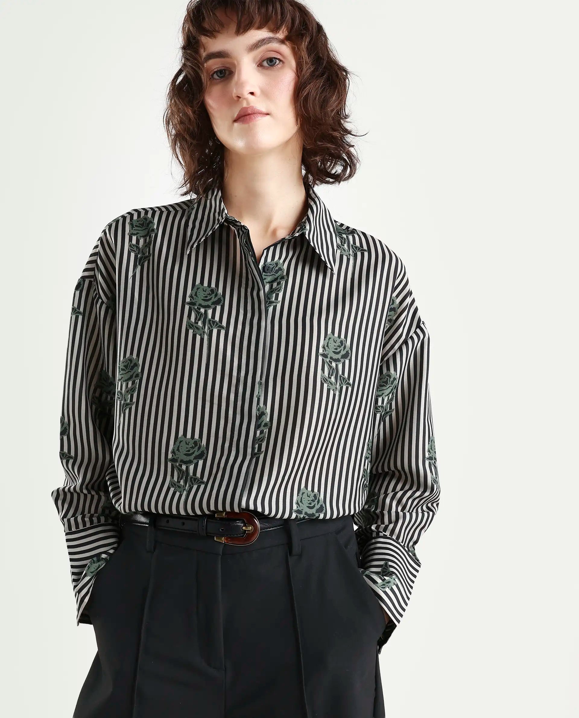 Rareism Women's Ronrayzo Dark Green Polyester Blend Spread Collar Striped Cuffed Sleeve Regular Fit Shirt