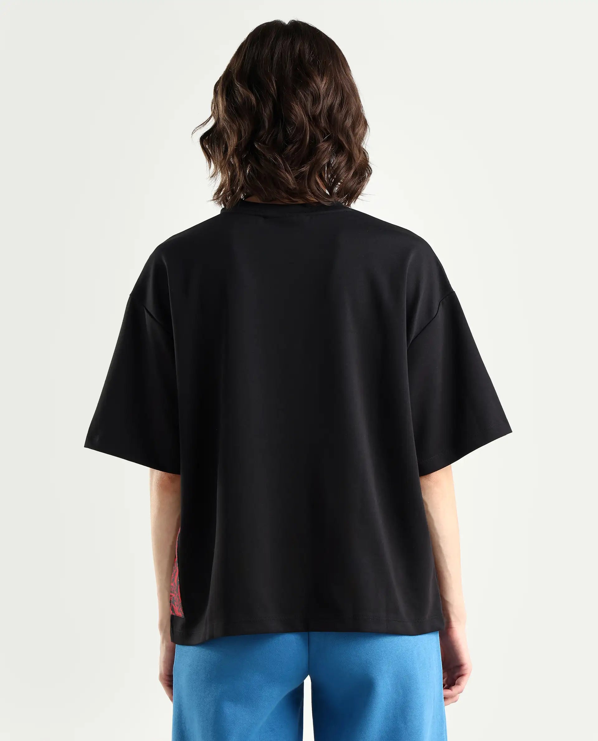Rareism Women's Pach Black Polyester Blend Crew Neck Plain Relaxed Fit T-Shirt